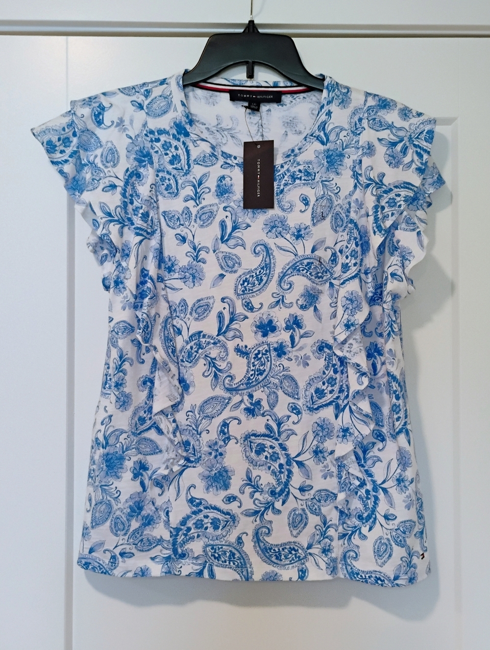 NWT L Tommy Hilfiger Mykonos Floral Paisley Ruffle Cap Sleeve Top Tee NEW